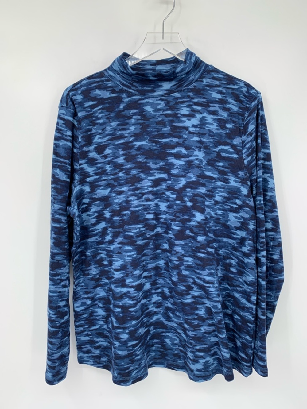 Athleta mockneck knit shirt top blouse stretch navy blue camo print new X-Large